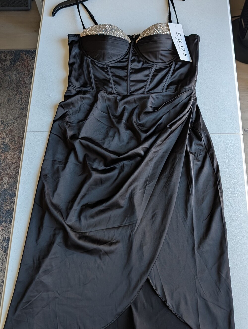 Eros Apparel Inc Black Satin Dress Women L Embellished Rhinestone Bust
